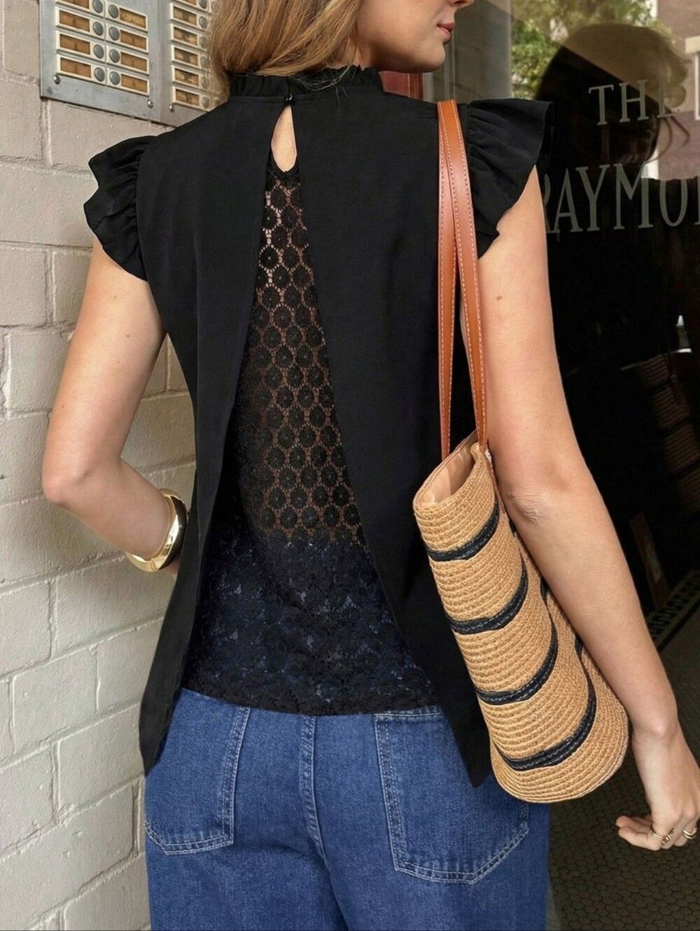 six eight ten Black Ruffle Cap-Sleeve Blouse